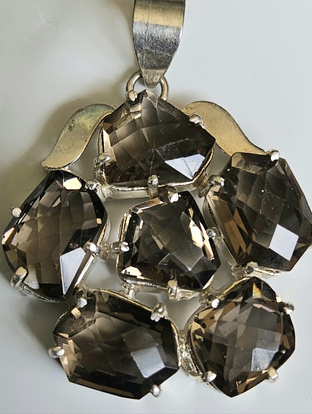 50+cts Checkerboard Smoky Quartz 925 Silver Pendant